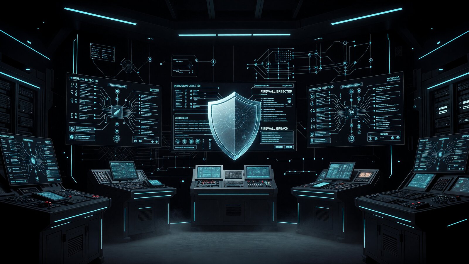 Industrial control room with cybersecurity overlay
