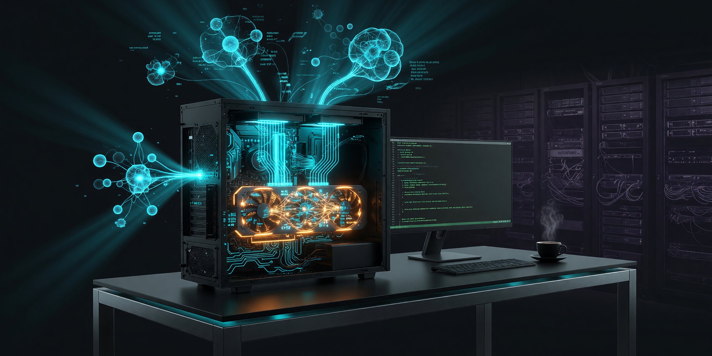 A desktop workstation with glowing cyan circuit traces and neural network nodes floating above - serious AI capability in a modest package