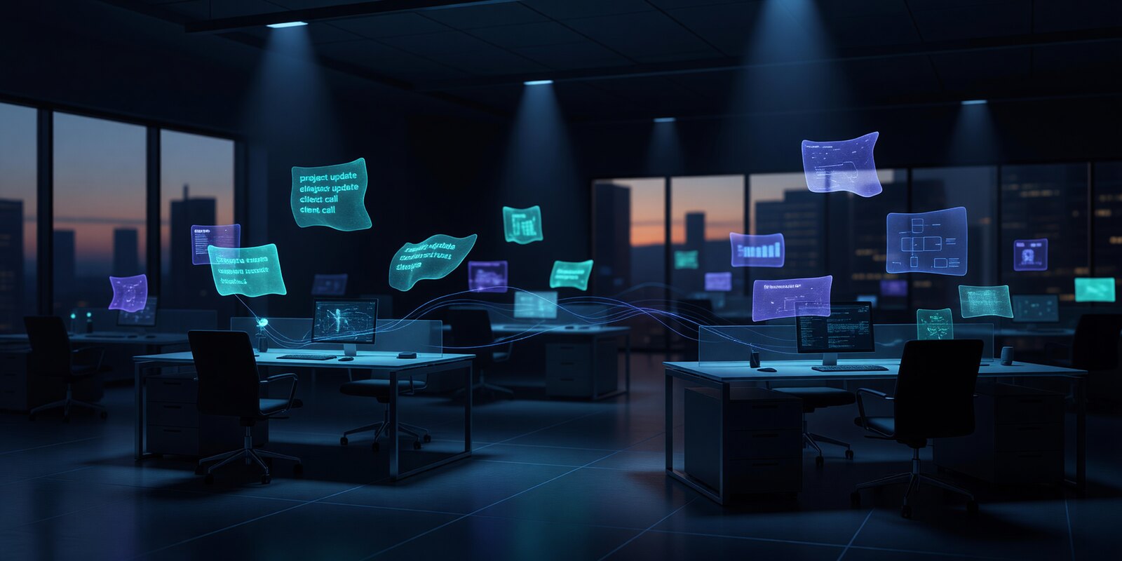 Translucent memory shards floating above empty workstations in a dim corporate office at dusk — shadow AI memory accumulating invisibly