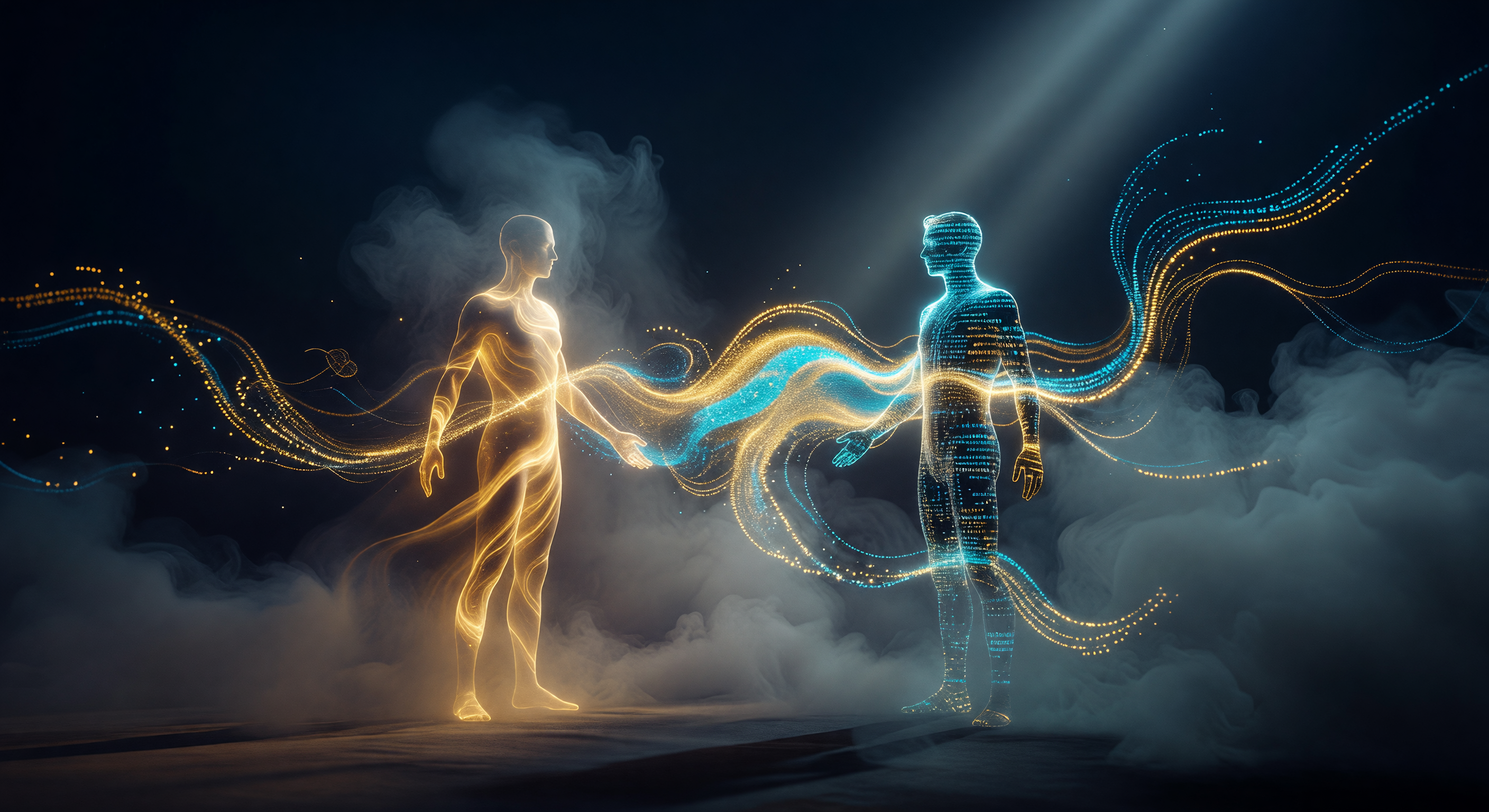Two luminous silhouettes connected by merging light — human-AI partnership concept