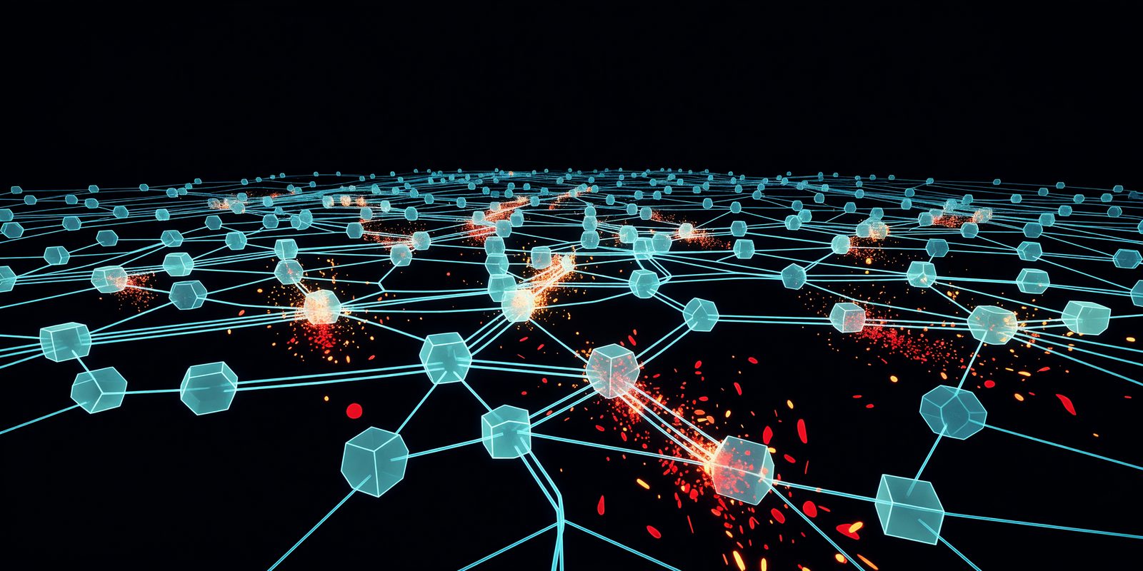 AI agent nodes connected by glowing cyan data streams in a dense network graph, with corrupted data particles bleeding between connections — multi-agent memory contamination