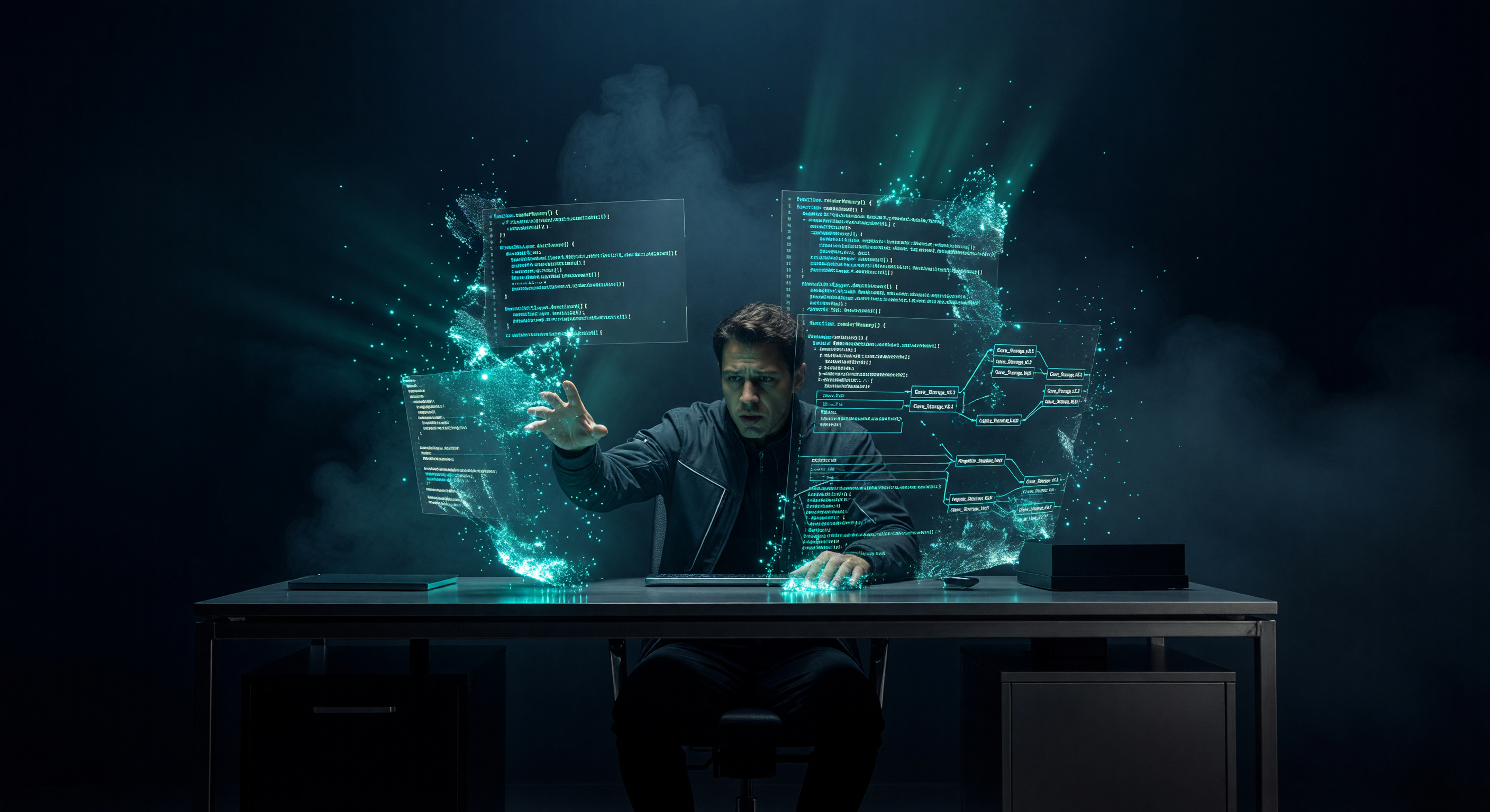 Holographic screens dissolving into particles of light — AI memory loss concept