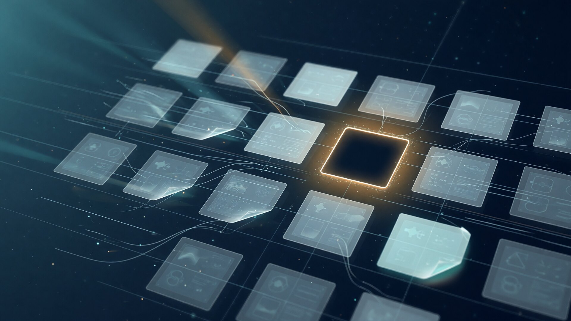 Abstract editorial illustration of a knowledge grid with an empty slot — luminous data nodes surrounding a conspicuous blank square, evoking negative space and missing knowledge