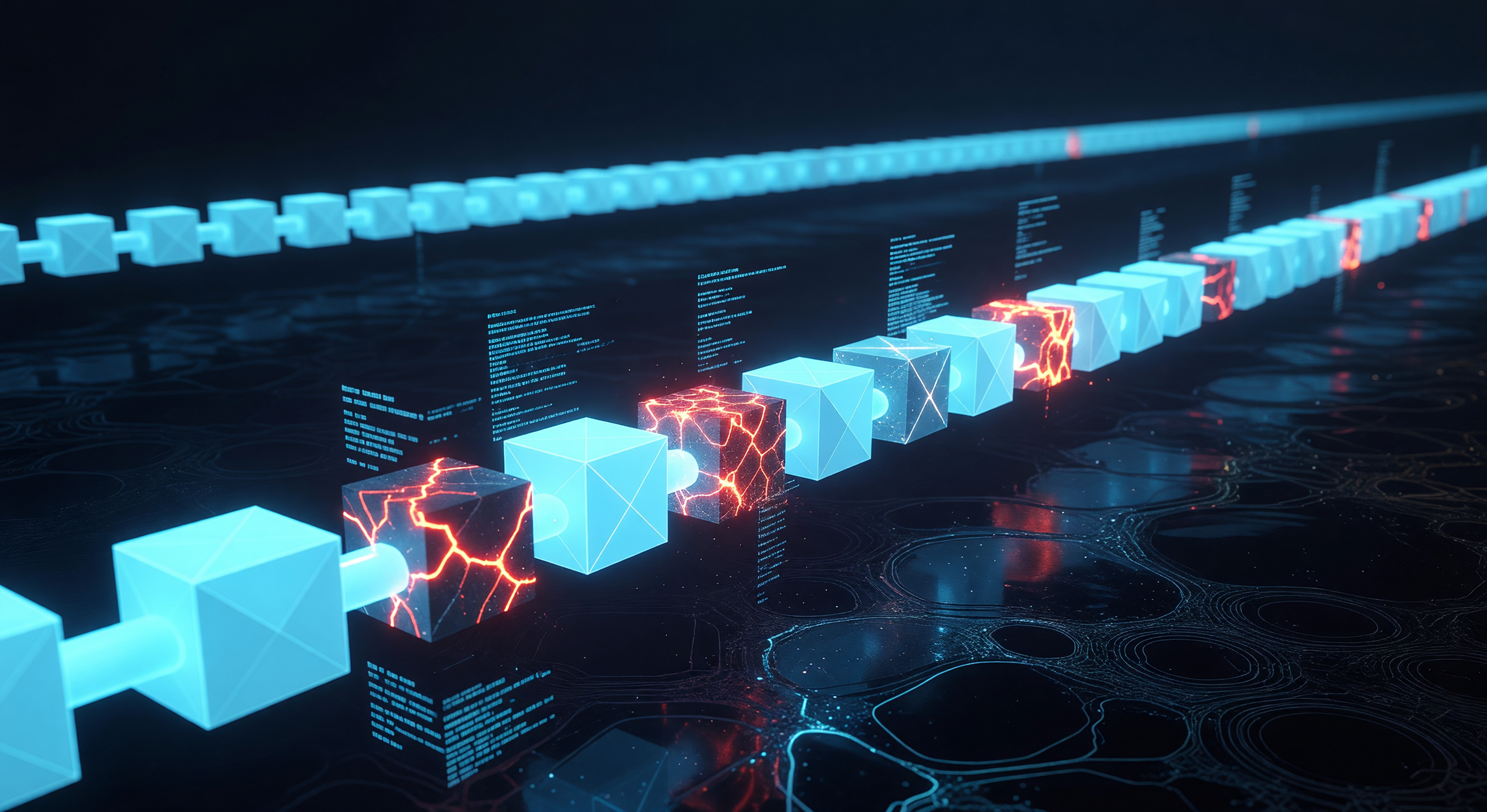 A glowing chain of data blocks with broken links — AI trust and provenance concept