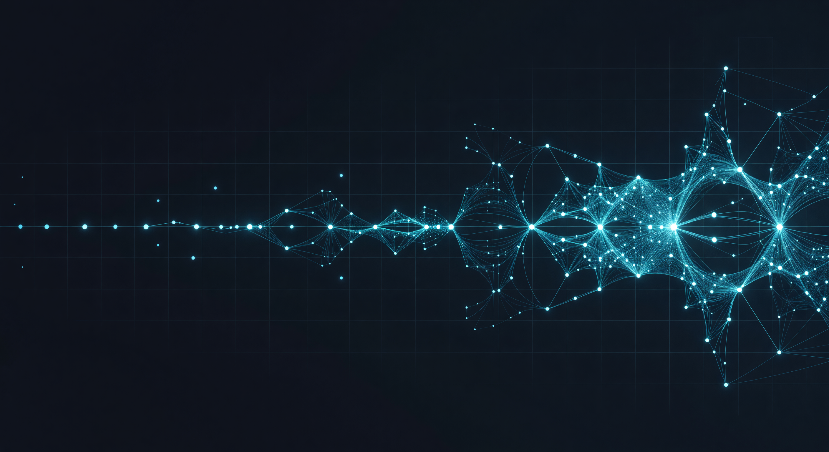 An evolving timeline of luminous nodes growing denser and more interconnected — knowledge compounding over time