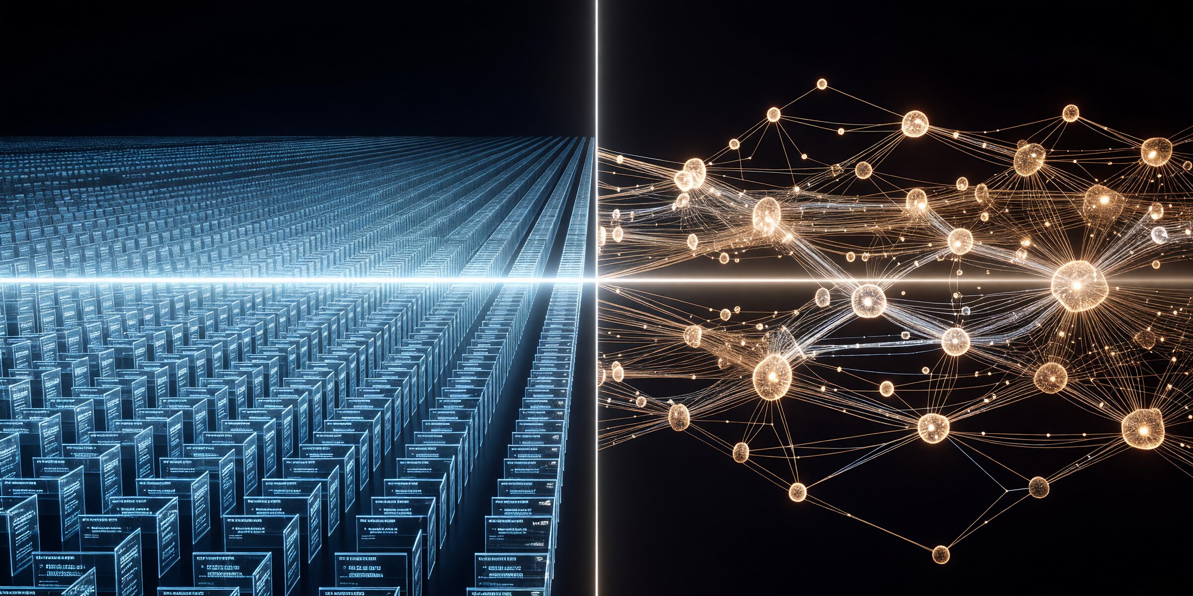 Two parallel AI infrastructures shown side by side: a cold cyan reference library being passively scanned on the left, a warm amber living memory of evolving connected nodes on the right — vector recall versus stateful recollection