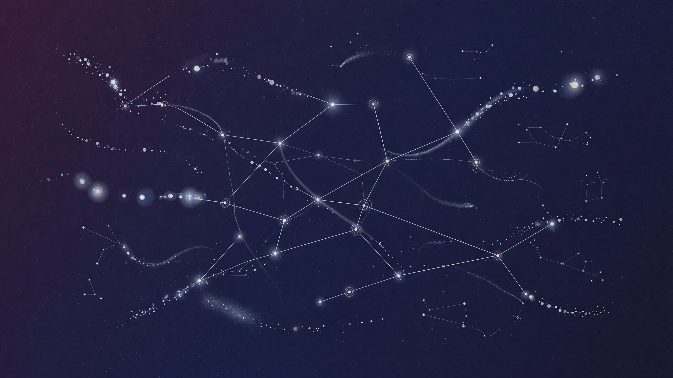 Abstract editorial illustration of a luminous neural network reorganizing at night — soft constellations of light migrating across a deep indigo field, evoking memory consolidation during sleep